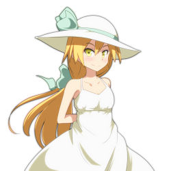 Rule 34 | 1girl, alternate costume, alternate hairstyle, alternate headwear, arms behind back, bare shoulders, blonde hair, bow, breasts, cato (monocatienus), collarbone, commentary request, dress, hair bow, hat, hat ribbon, kirisame marisa, long hair, looking at viewer, low ponytail, ribbon, simple background, sleeveless, sleeveless dress, small breasts, smile, solo, sun hat, touhou, very long hair, white background, white dress, white hat, yellow eyes