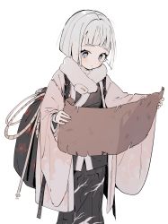 Rule 34 | 1girl, backpack, bag, blue eyes, blunt ends, blush, crying, crying with eyes open, female focus, highres, holding, holding scroll, japanese clothes, kimono, layered clothes, layered kimono, long skirt, mormormorp, original, scroll, simple background, skirt, solo, tears, white background, white hair, wide sleeves