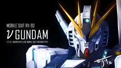 Rule 34 | black background, blue eyes, char&#039;s counterattack, character name, close-up, english text, gundam, looking down, mecha, no humans, nu gundam, robot, science fiction, serike w, solo, v-fin