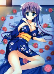 Rule 34 | 1girl, absurdres, blue eyes, blush, bow, breasts, camellia, character request, cleavage, flower, hair bow, highres, japanese clothes, kimono, naruse mamoru, purple hair, solo, source request