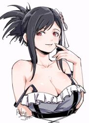 Rule 34 | 1girl, artist name, bare shoulders, bikini, black hair, breasts, cleavage, collarbone, commentary request, cropped torso, final fantasy, final fantasy vii, final fantasy vii rebirth, final fantasy vii remake, flower, frilled bikini, frills, hair flower, hair ornament, hand up, large breasts, light blush, looking at viewer, official alternate costume, official alternate hairstyle, parted lips, red eyes, relaxjon, sidelocks, signature, smile, solo, swept bangs, swimsuit, tifa lockhart, tifa lockhart (shining spirit), upper body, white background