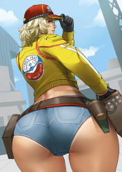Rule 34 | 10s, 1girl, absurdres, ass, ass focus, back, baseball cap, belt, belt pouch, belt skirt, black gloves, blonde hair, blue shorts, blue sky, breasts, building, cidney aurum, cloud, cowboy shot, cropped jacket, day, denim, denim shorts, dirty, double vertical stripe, emblem, english text, exaxuxer, final fantasy, final fantasy xv, foreshortening, from behind, from below, gloves, green eyes, hair between eyes, hand up, hat, hat tip, highres, holster, huge ass, jacket, leaning forward, light smile, long sleeves, looking at viewer, looking back, mechanic, messy hair, midriff, outdoors, parted lips, pouch, profile, red hat, shaded face, short hair, short shorts, shorts, shorts tan, sky, smile, solo, standing, star (symbol), tan, tanline, thighs, trefoil, uniform, utility belt, wavy hair