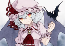 Rule 34 | 1girl, ascot, bat (animal), bat wings, closed mouth, grey background, grey hair, hat, hat ribbon, highres, pink hat, qqqrinkappp, red ascot, red eyes, red ribbon, remilia scarlet, ribbon, short hair, short sleeves, slit pupils, smile, solo, touhou, upper body, wings, wrist cuffs