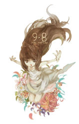 Rule 34 | 1girl, :o, brown hair, deemo, dress, falling, flower, girl (deemo), heidyw, highres, long hair, nine point eight (deemo), outstretched arms, solo, song name, spread arms