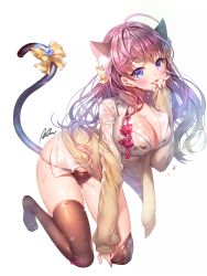 Rule 34 | 10s, 1girl, :3, ahoge, aile (crossroads), animal ears, bent over, blush, bow, breasts, brown hair, brown panties, brown thighhighs, cat ears, cat girl, cat tail, cleavage, earrings, female focus, hair bow, ichinose shiki, idolmaster, idolmaster cinderella girls, jewelry, kneeling, large breasts, looking at viewer, open mouth, panties, purple eyes, revision, simple background, sketch, smile, solo, tail, thighhighs, underwear, wet, white background