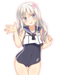 Rule 34 | 10s, 1girl, blue eyes, blush, highres, kantai collection, long hair, looking at viewer, one-piece swimsuit, open mouth, racer (magnet), ro-500 (kancolle), sailor collar, silver hair, simple background, sleeveless, solo, swimsuit, swimsuit under clothes, thigh gap, waving