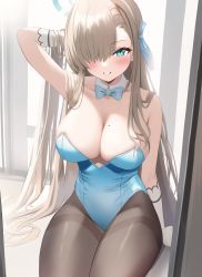 Rule 34 | 1girl, absurdly long hair, absurdres, arm behind head, asuna (blue archive), asuna (bunny) (blue archive), bare shoulders, blue archive, blue bow, blue bowtie, blue eyes, blue halo, blue leotard, blue ribbon, blush, bow, bowtie, breasts, brown pantyhose, cleavage, darudana, detached collar, gloves, grin, hair over one eye, hair ribbon, halo, highres, large breasts, leotard, light brown hair, long hair, looking at viewer, mole, mole on breast, official alternate costume, pantyhose, playboy bunny, ribbon, sitting, smile, solo, sunlight, swept bangs, traditional bowtie, very long hair, white gloves