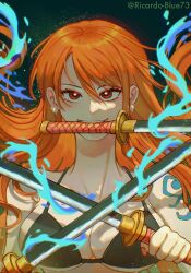 Rule 34 | 1girl, alternate universe, artist request, aura, bikini, bikini top only, black bikini, breasts, earrings, floating hair, highres, holding, holding sword, holding weapon, jewelry, katana, large breasts, long hair, looking at viewer, nami (one piece), nami (one piece) (post-timeskip), navel, one piece, orange hair, pool, shoulder tattoo, smile, solo, swimsuit, sword, tattoo, very long hair, weapon