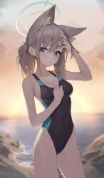 Rule 34 | 1girl, absurdres, animal ear fluff, animal ears, arms behind head, black one-piece swimsuit, blue archive, blue eyes, breasts, cleavage, commentary, competition swimsuit, contrapposto, covered navel, cross hair ornament, extra ears, grey hair, hair ornament, halo, highres, horizon, low ponytail, medium breasts, medium hair, mismatched pupils, mokew, multicolored clothes, multicolored swimsuit, ocean, official alternate costume, one-piece swimsuit, rock, shiroko (blue archive), shiroko (swimsuit) (blue archive), solo, sunset, swimsuit, wolf ears