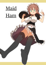Rule 34 | 1girl, :p, absurdres, alternate costume, apron, black thighhighs, blush, braid, breasts, brown hair, bural chingu, character name, cleavage, dress, english text, enmaided, frills, from below, full body, green eyes, ham na-bi, highres, large breasts, looking at viewer, luke (dydansgur), maid, maid apron, maid headdress, panties, pointing, puffy short sleeves, puffy sleeves, short sleeves, smile, solo, thighhighs, tongue, tongue out, tray, twin braids, underwear, upskirt, waist apron, white panties, wrist cuffs