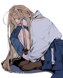 Rule 34 | 1boy, ainsley (adey), androgynous, blonde hair, blue eyes, boots, brown footwear, clothes around waist, dated, from side, hair between eyes, hand on own knee, head rest, highres, hugging own legs, jacket, jacket around waist, long hair, long sleeves, looking at viewer, looking to the side, male focus, messy hair, multicolored eyes, no pants, original, pink eyes, shirt, simple background, solo, squatting, straight hair, ten (lu2948d), twitter username, white background, white shirt