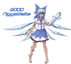 Rule 34 | &gt;:o, 1girl, :o, adapted costume, arm cannon, barefoot, bespectacled, blue bow, blue eyes, blue hair, blue skirt, bow, breasts, cirno, dress shirt, flower, frilled shirt collar, frills, full body, fusion, glasses, hair bow, hater (hatater), hidden star in four seasons, highres, ice, ice wings, it&#039;s over 9000 (meme), looking at viewer, medium breasts, meme, morning glory, puffy short sleeves, puffy sleeves, reiuji utsuho, shirt, short hair, short sleeves, skirt, solo, standing, sunflower, tan, tanned cirno, touhou, v-shaped eyebrows, weapon, white shirt, wings