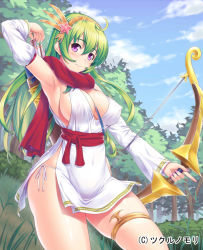 Rule 34 | 1girl, arm up, armpits, arrow (projectile), blue sky, bow (weapon), breasts, cloud, cowboy shot, day, detached sleeves, dress, forest, green hair, hair ornament, kawase seiki, large breasts, long hair, long sleeves, looking at viewer, nail polish, nature, no bra, official art, original, panties, pink eyes, quiver, sash, scarf, side-tie panties, side-tie peek, skindentation, sky, solo, sweat, sword, thigh strap, underwear, very long hair, weapon, white dress, white panties