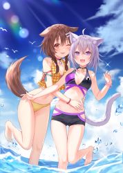Rule 34 | 2girls, animal ear fluff, animal ears, bare legs, barefoot, bikini, bikini shorts, braid, breasts, brown eyes, brown hair, cat ears, cat tail, cleavage, collar, collarbone, commentary request, day, dog ears, dog girl, dog tail, female focus, fukahire (ruinon), hololive, inugami korone, looking at viewer, medium breasts, multiple girls, navel, nekomata okayu, ocean, one eye closed, open mouth, outdoors, purple eyes, purple hair, short hair, shorts, sky, standing, standing on one leg, sun, swimsuit, tail, twin braids, virtual youtuber, wading, water, water drop