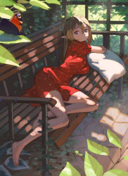 Rule 34 | 1girl, arm support, bare legs, barefoot, bench, blonde hair, blue eyes, breasts, bug, butterfly, closed mouth, commentary, dappled sunlight, dress, elf, english commentary, expressionless, feet, hair between eyes, insect, leaf, looking at viewer, lying, medium breasts, on bench, on side, original, outdoors, pillow, pointy ears, red dress, scenery, solo, sunlight, timbougami, toes, tree, trellis, wooden bench