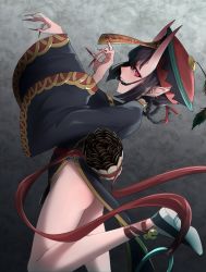 Rule 34 | 1girl, absurdres, ankle bell, ankle ribbon, ass, bell, black dress, black hair, black jacket, blunt bangs, braid, braided hair rings, china dress, chinese clothes, dress, evil smile, eyeshadow, fangs, fate/grand order, fate (series), fingernails, foot up, from side, hair ribbon, hair rings, hat, hat feather, highres, horns, jacket, jiangshi, jingle bell, leg ribbon, long fingernails, long sleeves, makeup, nail polish, no panties, ofuda, oni, open mouth, outstretched arms, peacock feathers, pelvic curtain, pointy ears, qingdai guanmao, red eyes, red nails, red ribbon, ribbon, sakugetsu, sash, sharp teeth, shoes, shuten douji (fate), shuten douji (festival outfit) (fate), skin-covered horns, smile, teeth, twin braids, wide sleeves, zombie pose