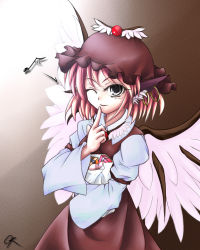 Rule 34 | 1girl, animal ears, bag, earrings, female focus, finger to mouth, gift, gr (artist), grey eyes, hat, holding, holding gift, jewelry, musical note, mystia lorelei, one eye closed, pink hair, short hair, solo, touhou, wings, wink