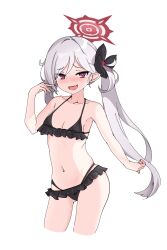 Rule 34 | 1girl, absurdres, alternate costume, bare arms, bare shoulders, bikini, black bikini, blue archive, blush, breasts, collarbone, cropped legs, eyes visible through hair, fang, frilled bikini, frills, furrowed brow, grey hair, hair between eyes, hair ornament, hair scrunchie, halo, hand up, heart, heart-shaped pupils, highres, hrna, long hair, looking at viewer, mutsuki (blue archive), navel, open mouth, pink pupils, pointy ears, purple eyes, red halo, scrunchie, side ponytail, simple background, small breasts, smile, solo, stomach, swimsuit, symbol-shaped pupils, white background