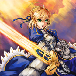 Rule 34 | 1girl, ahoge, armor, armored dress, artoria pendragon (all), artoria pendragon (fate), bad id, bad pixiv id, blonde hair, dress, excalibur (fate/stay night), fate/zero, fate (series), gauntlets, green eyes, hair ribbon, ks (xephyrks), long hair, looking at viewer, ribbon, saber (fate), solo, sword, weapon