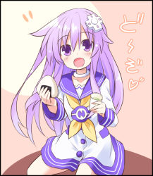 Rule 34 | 10s, 1girl, blush, bow, bowtie, d-pad, dress, drink, female focus, food, glass, hair between eyes, hair ornament, heart, jewelry, long hair, long sleeves, looking at viewer, multicolored background, neck ring, nepgear, neptune (series), onigiri, open mouth, pink background, purple eyes, purple hair, school uniform, serafuku, simple background, solo, taka (suigendou), white background, yellow bow