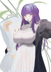 Rule 34 | 1girl, absurdres, black robe, blunt bangs, breasts, character pillow, dakimakura (object), dress, fern (sousou no frieren), frieren, hair tie in mouth, highres, holding, holding pillow, large breasts, long hair, looking at viewer, mouth hold, pillow, purple eyes, purple hair, robe, solo, sousou no frieren, very long hair, white dress, willow (user xagu3384)