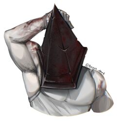 Rule 34 | 1boy, arm behind head, armpits, bara, blood, chest hair peek, cropped torso, facing viewer, highres, large pectorals, male focus, muscular, muscular male, muted color, pectorals, pyramid head, sidepec, silent hill (series), solo, taous dark