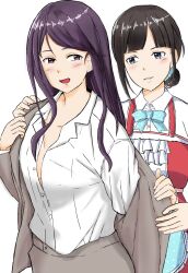 Rule 34 | 2girls, apron, asymmetrical sidelocks, behind another, black hair, blue apron, blue scrunchie, blunt bangs, blush, bow, breasts, commentary request, dress, dress shirt, frilled apron, frilled dress, frills, grey eyes, grey jacket, grey skirt, gundou mirei, gundou mirei (1st costume), hair bun, hair ornament, hair scrunchie, hand on another&#039;s shoulder, helping, highres, jacket, long hair, looking at another, looking back, medium breasts, mole, mole on neck, multiple girls, narumi3691, nijisanji, no bra, off shoulder, office lady, open mouth, parted bangs, parted lips, partially unbuttoned, polka dot, polka dot apron, polka dot bow, purple eyes, purple hair, red dress, scrunchie, shirt, sideways glance, simple background, single off shoulder, skirt, smile, suzuka utako, suzuka utako (1st costume), swept bangs, undressing, undressing another, virtual youtuber, waist apron, white background, white shirt