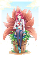 Rule 34 | 1girl, academy ahri, ahri (league of legends), animal ears, black thighhighs, breasts, cellphone, facial mark, food, fox ears, fox tail, hair ornament, hairclip, heart, heart hair ornament, highres, large breasts, league of legends, long hair, looking at viewer, mizonaki, multiple tails, outdoors, phone, plant, red hair, school uniform, sitting, skirt, solo, tail, thighhighs, vegetable, whisker markings, yellow eyes
