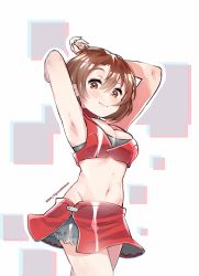 Rule 34 | 1girl, absurdres, armpits, arms behind head, arms up, artist name, bra, breasts, brown eyes, brown hair, cleavage, commentary request, gremlinbon, highres, looking at viewer, meiko (vocaloid), meiko (vocaloid3), nail polish, navel, pale skin, patterned background, red bra, red nails, red skirt, reflection, short hair, simple background, skirt, smile, solo, underwear, vocaloid, watermark, white background