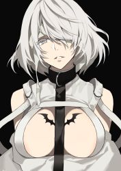 Rule 34 | 1girl, absurdres, bad id, bad pixiv id, bandages, bare shoulders, between breasts, black background, black collar, breast tattoo, breasts, collar, comeo (komeo15), grey eyes, grey hair, hair over one eye, highres, leash, original, parted lips, short hair, simple background, solo, straitjacket, tattoo, upper body, white theme