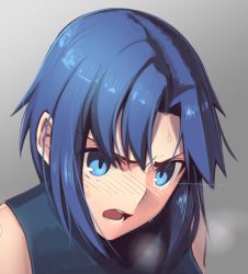 Rule 34 | 1girl, blue eyes, blue hair, blush, boa (brianoa), ciel (tsukihime), grey background, hair intakes, highres, looking to the side, open mouth, parted bangs, portrait, short hair, sidelocks, sleeveless, solo, sweat, tsukihime