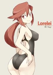 Rule 34 | 00s, 1990s (style), 1girl, alternate costume, artist name, ass, back cutout, bad id, bad twitter id, breasts, character name, clothing cutout, competition swimsuit, creatures (company), elite four, female focus, from behind, game freak, large breasts, long hair, looking back, lorelei (pokemon), nintendo, no eyewear, one-piece swimsuit, pokemon, pokemon frlg, pokemon hgss, pokemon rgby, ponytail, red eyes, red hair, retro artstyle, shigino sohuzi, smile, solo, swimsuit, twitter username