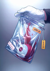 Rule 34 | 2021, absurdres, bag, black shirt, blood, blood stain, close-up, commentary request, cursive, dated, disembodied hand, gloves, gradient background, hakurei reimu, highres, orb, plastic bag, royl, shirt, simple background, solo, tag, tagme, touhou, white gloves, yin yang, yin yang orb