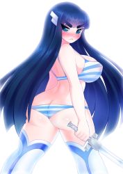 Rule 34 | 10s, 1girl, :&lt;, ass, back, bad deviantart id, bad id, black hair, blue eyes, blush, bra, breasts, butt crack, curvy, eyebrows, from behind, hair ornament, hairclip, kill la kill, kiryuuin satsuki, large breasts, long hair, looking back, meltyvixen, panties, skindentation, solo, striped bra, striped clothes, striped panties, sword, thick eyebrows, thighhighs, underwear, underwear only, weapon, white background