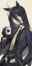 Rule 34 | 0jae, 1girl, absurdres, ahoge, animal ears, black gloves, black jacket, black shirt, black skirt, choker, closed mouth, coffee, collared shirt, cup, earrings, gloves, hair between eyes, hand in pocket, highres, holding, holding cup, horse ears, jacket, jewelry, long hair, long sleeves, looking at viewer, manhattan cafe (umamusume), multicolored hair, neckerchief, open clothes, open jacket, shirt, simple background, single earring, skirt, solo, steam, streaked hair, umamusume, upper body, yellow background, yellow eyes, yellow neckerchief