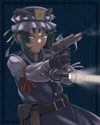 Rule 34 | 1girl, absurdres, asymmetrical hair, belt, black gloves, blue eyes, collared vest, dim lighting, flashlight, frilled hat, frills, gloves, green hair, gun, handgun, hat, highres, holding, holding gun, holding weapon, holster, shiki eiki, sleeve bow, solo, soretsu nitohei, touhou, vest, walther, walther ppk, weapon