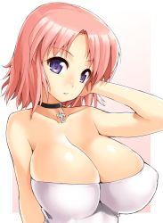 Rule 34 | 1girl, bad id, bad pixiv id, blue eyes, breasts, choker, cleavage, cross, cross choker, cross necklace, huge breasts, jewelry, large breasts, looking at viewer, nagase haruhito, necklace, no bra, pink hair, purple eyes, short hair, solo