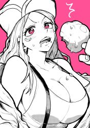 Rule 34 | 1girl, ^^^, absurdres, blush, breasts, cleavage, commentary, drooling, eating, eyelid piercing, food, food on face, greyscale with colored background, hat, highres, holding, holding food, jacket, jewelry bonney, large breasts, lips, lipstick, long hair, looking at viewer, makeup, meat, monochrome, mouth drool, off shoulder, one piece, open clothes, open jacket, open mouth, piercing, pink background, pink eyes, saliva, simple background, solo, spot color, surprised, suspenders, sweatdrop, tank top, teeth, upper body, upper teeth only, v-shaped eyebrows, yotsumi shiro