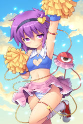 Rule 34 | 1girl, @ @, alternate costume, arm up, armband, armpits, blue sky, blush, breasts, cheerleader, cleavage cutout, clothing cutout, cloud, commentary request, crop top, day, embarrassed, hair between eyes, hairband, head tilt, heart, komeiji satori, kurogarasu, leg lift, light particles, looking at viewer, microskirt, midriff, navel, outdoors, panties, pantyshot, pink skirt, pom pom (cheerleading), purple eyes, purple hair, red footwear, shoes, short hair, skirt, sky, small breasts, sneakers, solo, standing, standing on one leg, striped clothes, striped panties, sweat, thighs, third eye, touhou, underwear, wavy mouth, white legwear