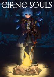 Rule 34 | 1girl, adapted costume, armor, armored boots, blue eyes, blue hair, bonfire, bonfire (dark souls), boots, brown gloves, cirno, cover, dark souls (series), dark souls i, english text, gloves, highres, ice, ice wings, logo parody, medieval, ramnik5, shield, solo, sword, touhou, video game cover, weapon, wings