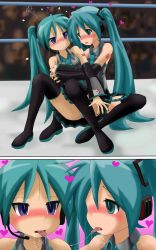 Rule 34 | 2girls, aqua nails, bare shoulders, black thighhighs, blush, boots, breath, clenched teeth, cosplay, detached sleeves, eye contact, frills, green eyes, green hair, hatsune miku, hatsune miku (cosplay), headphones, heart, highres, hiiragi kagami, hirondo, hug, hypnosis, kiss, long hair, looking at another, lucky star, mind control, multiple girls, nail polish, necktie, panties, pleated skirt, purple eyes, saliva, saliva trail, skirt, striped clothes, striped panties, tareme, teeth, thigh boots, thighhighs, tongue, trembling, tsurime, twintails, underwear, very long hair, vocaloid, wrestling, yuri
