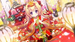 Rule 34 | 1girl, blonde hair, clenched hands, doll, dot nose, dutch angle, film grain, floral print, flower, flower request, game cg, hand fan, hasegawa mii, headwear request, hina ningyou, izumi tsubasu, japanese clothes, kimono, lantern, long hair, looking at viewer, non-web source, official art, on floor, open mouth, paper fan, petals, pink flower, purple eyes, re:stage!, red kimono, seiza, sitting, solo, sparkle, sparkling eyes