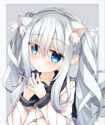 Rule 34 | 10s, 1girl, :o, alternate hairstyle, animal ears, blue eyes, blush, cat ears, collarbone, fingers together, flat cap, grey background, hair between eyes, hands up, hat, hibiki (kancolle), kantai collection, long hair, looking at viewer, niruanu (nitayam), parted lips, school uniform, serafuku, silver hair, solo, star (symbol), starry background, twintails, upper body, verniy (kancolle)