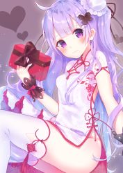 Rule 34 | 1girl, absurdres, ahoge, azur lane, black ribbon, box, breasts, brown background, bun cover, china dress, chinese clothes, closed mouth, commentary request, dress, gift, gift box, hair bun, hair ribbon, head tilt, heart, highres, holding, holding gift, hoshi no yurara (xxberry 0x0), long hair, looking at viewer, medium breasts, purple eyes, purple hair, ribbon, short sleeves, side bun, single hair bun, single side bun, sitting, solo, thighhighs, unicorn (azur lane), unicorn (the gift of spring) (azur lane), valentine, very long hair, white dress, white thighhighs, wrist cuffs