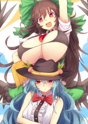 Rule 34 | + +, 2girls, arm cannon, arm up, black hat, blue hair, bow, bowtie, breasts, brown hair, fang, food, fruit, green bow, green skirt, hair between eyes, hair bow, hat, highres, hinanawi tenshi, huge breasts, long hair, looking at viewer, multiple girls, open clothes, open mouth, open shirt, peach, red bow, red bowtie, red eyes, reiuji utsuho, satou rin (gobugabuge), shirt, short sleeves, skirt, sleeveless, sleeveless shirt, smile, touhou, underboob, very long hair, weapon, white shirt