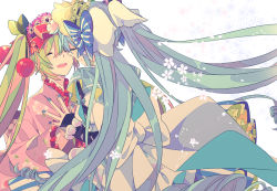 Rule 34 | 2girls, aqua hair, blue bow, blue dress, blue nails, bow, cherry blossoms, cherry hair ornament, commentary, dress, dress bow, dual persona, closed eyes, floral background, floral print, flower, food-themed hair ornament, food themed hair ornament, green hair, hair bow, hair flower, hair ornament, hatsune miku, holding hands, japanese clothes, kimono, multiple girls, nail polish, open mouth, pink kimono, smile, symbol-only commentary, upper body, vocaloid, white background, yoshiki
