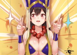 Rule 34 | 1girl, absurdres, bare shoulders, bead necklace, beads, bikini, blinkblink art, blush, breasts, brown hair, cleavage, double v, earrings, emotional engine - full drive, fate/grand order, fate (series), hair between eyes, hands up, hat, highres, jewelry, large breasts, long hair, looking to the side, necklace, open mouth, parody, prayer beads, red eyes, solo, sparkle, swimsuit, v, vest, wrist cuffs, xuangzang sanzang (fate), yellow background