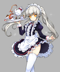 Rule 34 | 1girl, absurdres, apron, arm up, blue dress, bow, clothes lift, cookie, crossed legs, dress, elsword, eve (elsword), female focus, food, frilled dress, frilled skirt, frills, fringe trim, gem, grey background, hair between eyes, hair ornament, hairband, headdress, highres, jewelry, lens flare, long hair, long sleeves, looking at viewer, maid, ponytail, poseich, ribbon, side ponytail, simple background, skirt, skirt lift, solo, standing, tea set, thighhighs, thighs, twintails, white hair, white thighhighs, yellow eyes
