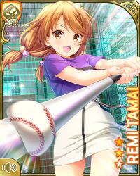 Rule 34 | 1girl, :d, bare arms, bare legs, baseball, baseball bat, batting cage, brown eyes, brown hair, card (medium), day, dutch angle, facing viewer, female focus, girlfriend (kari), indoors, looking at viewer, low twintails, official art, open mouth, purple shirt, qp:flapper, shirt, skirt, smile, solo, standing, tamai remi, twintails, white skirt