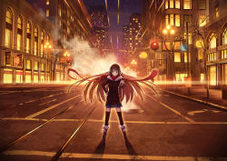 Rule 34 | 1girl, black thighhighs, blue eyes, brown coat, brown hair, coat, highres, kami (yoshipt0716), looking at viewer, manhole cover, original, red scarf, road sign, scarf, sign, smile, solo, thighhighs